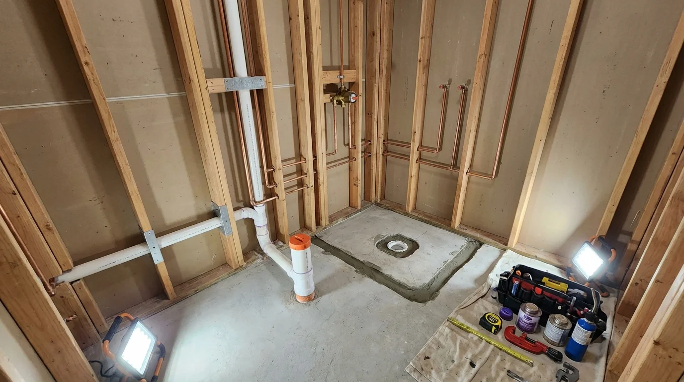 Bathroom rough-in plumbing during remodel by Johns Plumbing LLC in Louisville