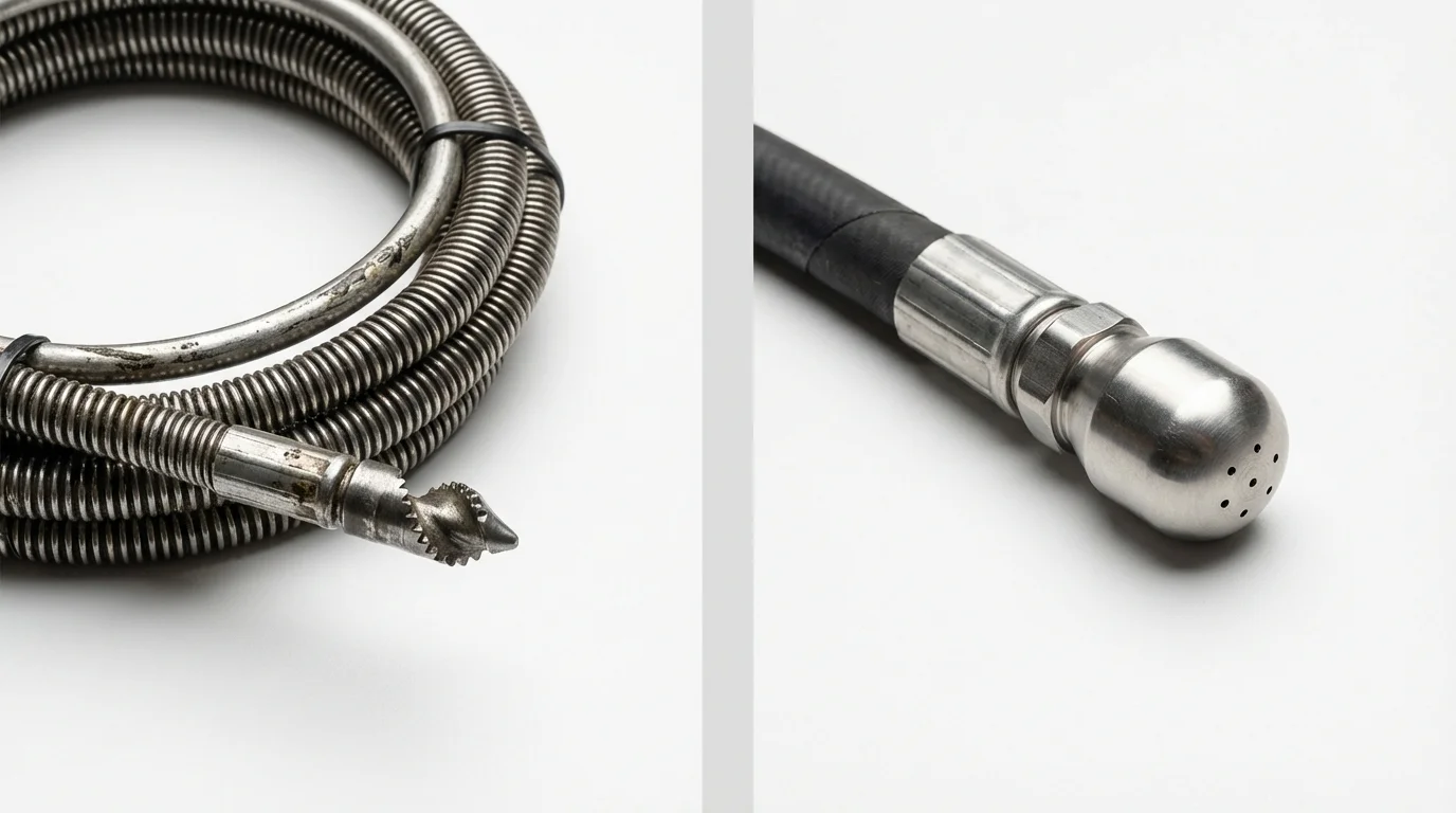 Drain snake cable and hydro jetting nozzle used for drain cleaning in Louisville, OH