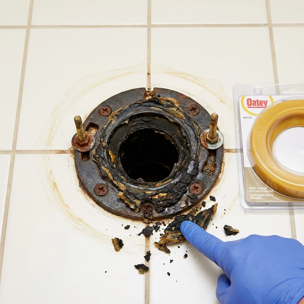 Failed wax ring showing water seepage at the base of a toilet in a Louisville, OH home