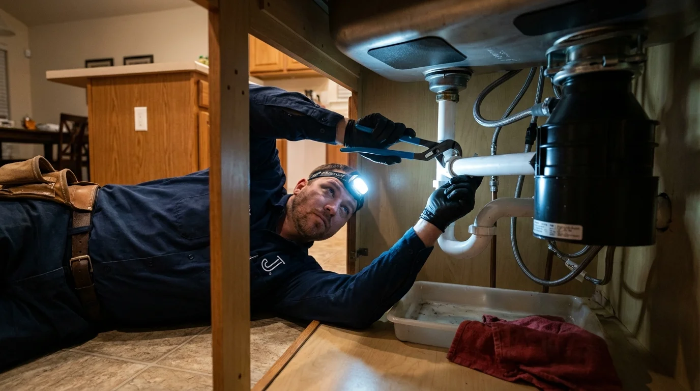 P-trap and supply line connections under a kitchen sink showing a common leak point in Louisville, OH